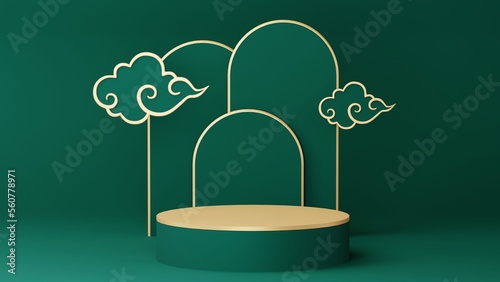 Green Chinese New Year celebrations , Festive gift card templates with realistic 3D design elements, holiday banners, web posters, flyers, and brochures, greeting cards . 3D Rendering