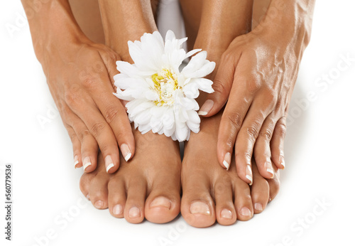 Cosmetics  nails with woman hands and feet  beauty and skincare with flower closeup  manicure and pedicure. Floral aesthetic  natural product with healthy skin and wellness against white background