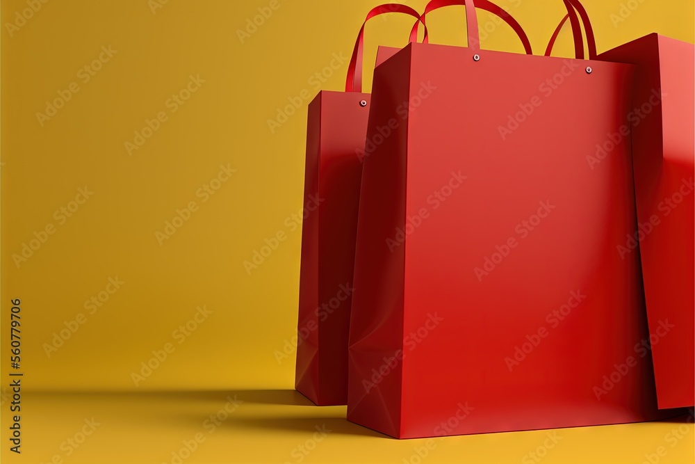 three red shopping bags on a yellow background The bags are a bright ...