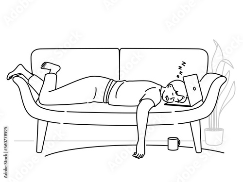 Tired man fall asleep on sofa with laptop 