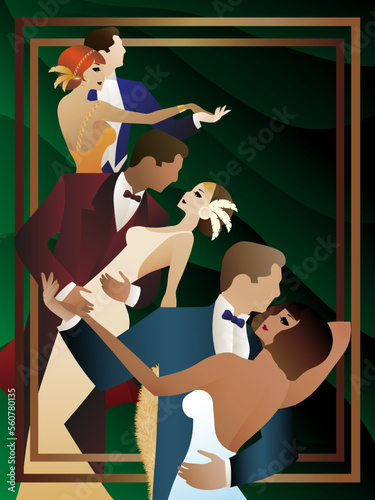 three couples in evening gowns dancing on a green background, poster, ball, style, art deco