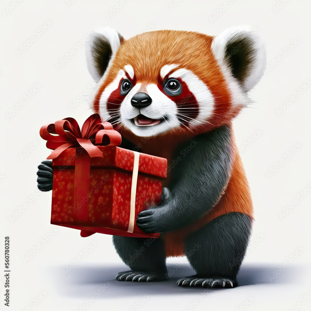 Fierce red panda holding a gift box. Isolated. Generative ai. Fierce red panda holding a gift box. Isolated. Generative ai.