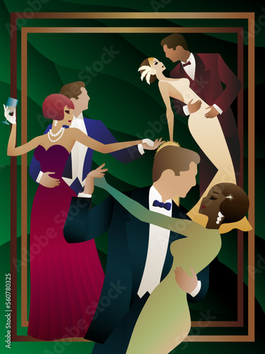three couples in evening gowns dancing on a green background, poster, ball, style, art deco