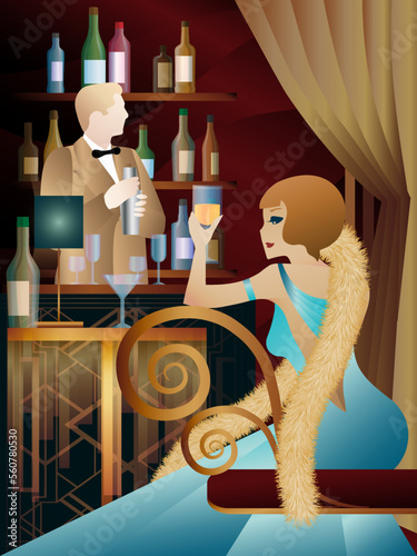 An elegant woman sits in a bar, a bartender makes cocktails. Art Deco style.