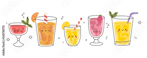 Soda water, lemonades in glass and plastic bottles. Non alcoholic cocktails. Non-alcoholic cocktail drink in glass, vector illustration of glass cocktail drink.Cold drinks set.Alcoholic fruit beverage