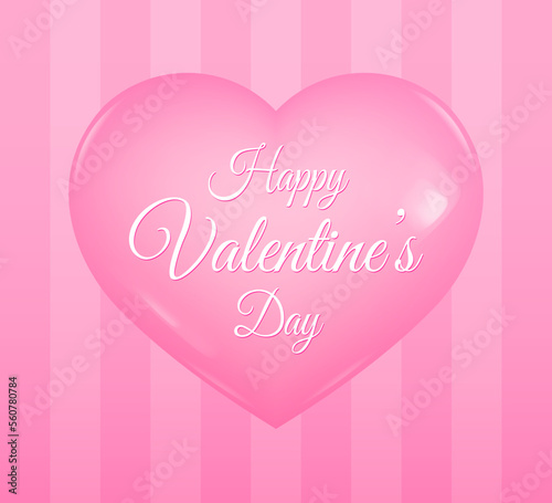 Happy valentine's day. Pink greeting card with striped background and 3d heart