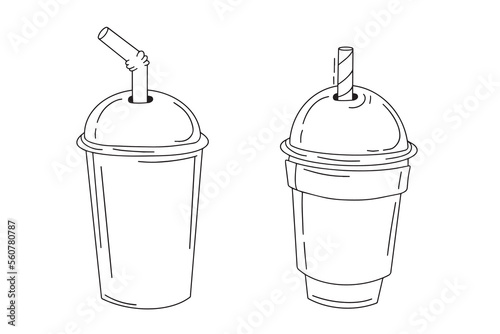 Tea, soft drinks in plastic cups, trendy dessert, vector collection.