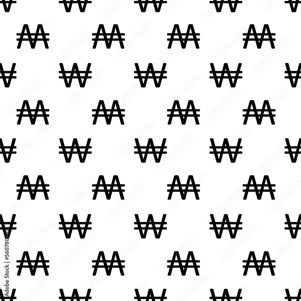 South Korean Won icon seamless vector pattern background. Black simple Korean currency symbol on white backdrop. Scattered financial money sign all over print. Repeat design for business, banking. South Korean Won icon seamless vector pattern background. Black simple Korean currency symbol on white backdrop. Scattered financial money sign all over print. Repeat design for business, banking.