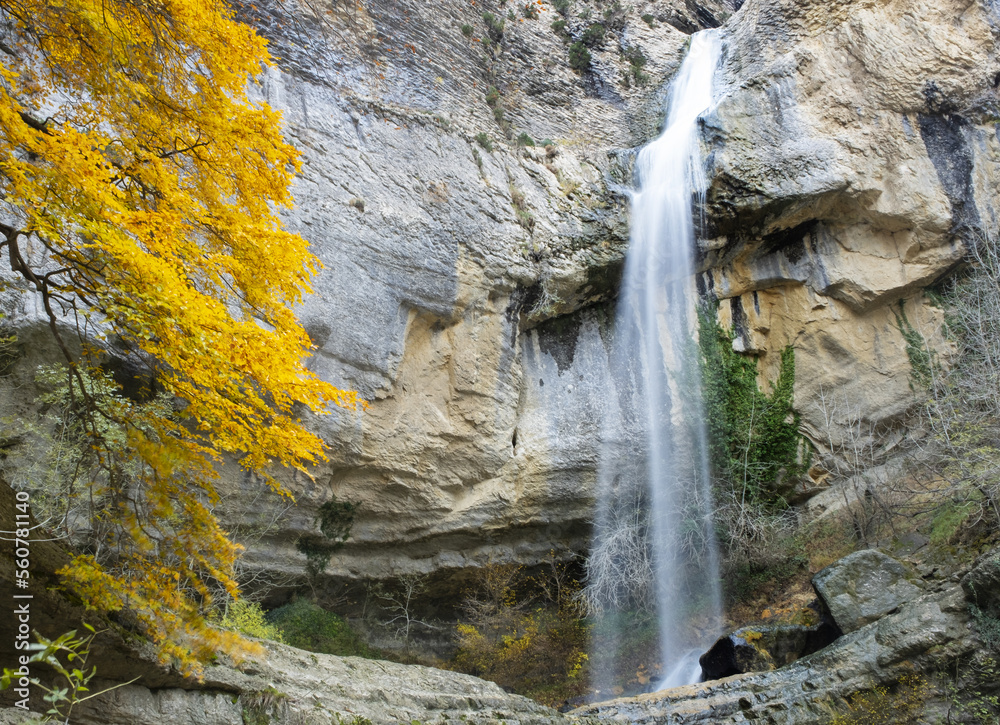Waterfall next to a tree with autumn colors in Artazul, Ollo valley, Navarra, Spain