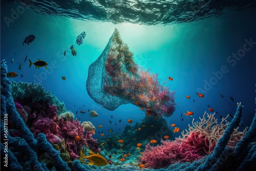 Generative AI illustration of coral reef with fish around surrounded by plastic garbage and tires