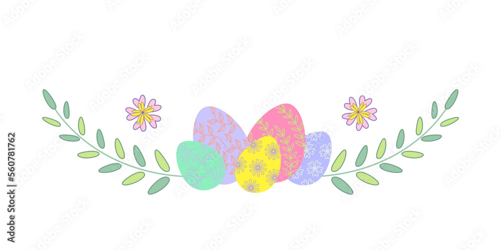 Floral decorative element with eggs. Vector isolated color illustration in outline style.