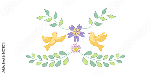 Floral decorative element with birds. Vector isolated color illustration in outline style.
