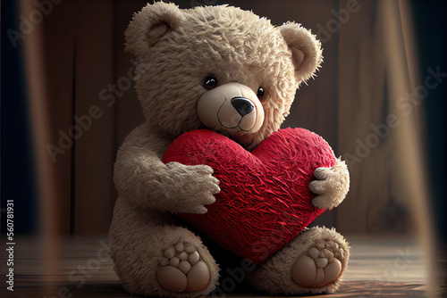 Mothers Day, teddy bear holding red heart feeling all lovey dovey,generative ai photo