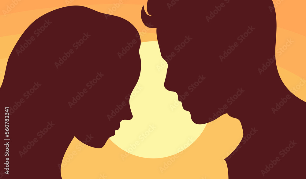 Silhouette of a young man and a girl in front of an orange sunset. Face in profile. Couple in love. Art romantic vector illustration