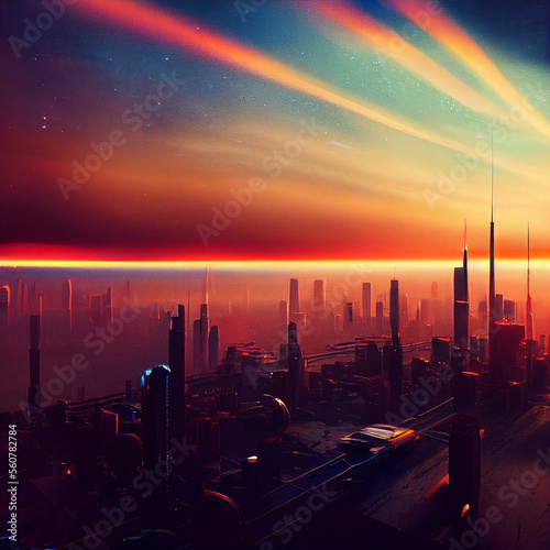 sunrise over the sci-fi city