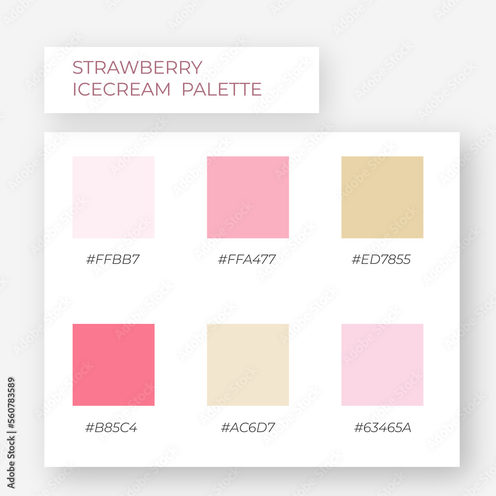 Strawberry icecream. Trendy pallete of color. Cozy color pallete. Swatch summer candy shade tone with hex code. Nft pastel colors. Super trendy color. Pastel palette	