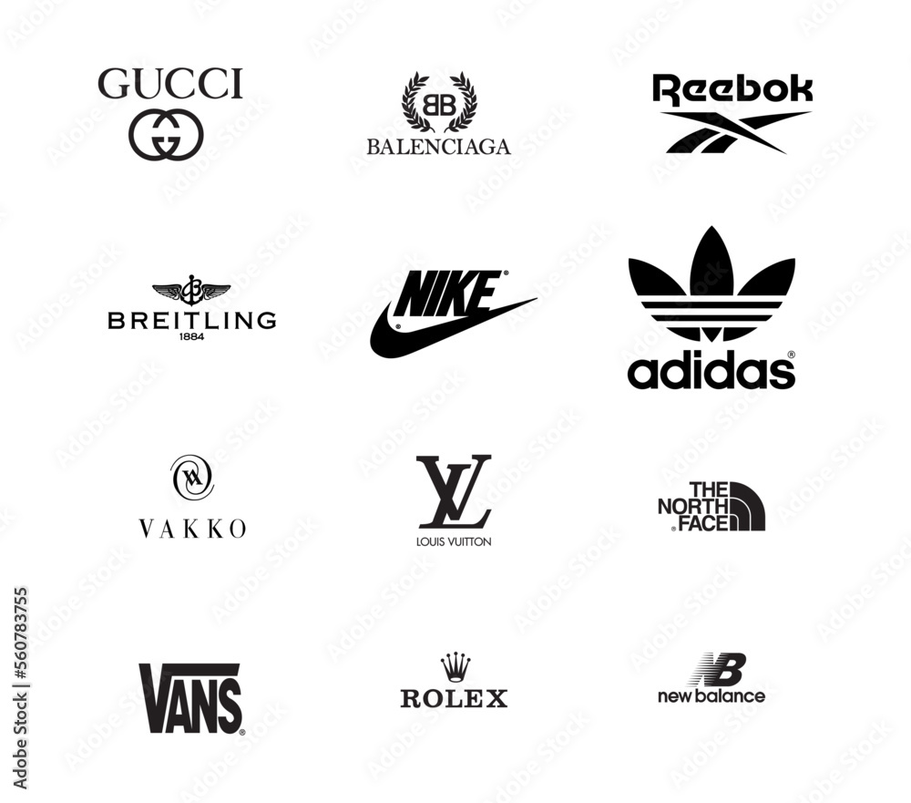 Top clothing brands logos popular of, Gucci, Balenciaga, Breitling, Nike,  Reebok, adidas, Vakko, Vans, Rolex, Editorial vector. Stock Vector | Adobe  Stock