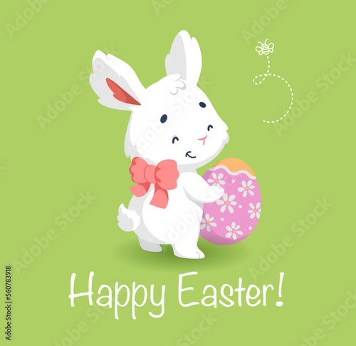 Happy easter card with cute white bunnies and easter egg. Cartoon character rabbit.