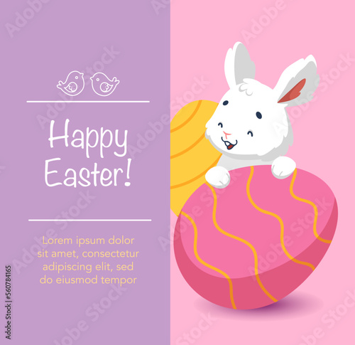 Happy easter card with cute white bunnies and easter egg. Cartoon character rabbit.