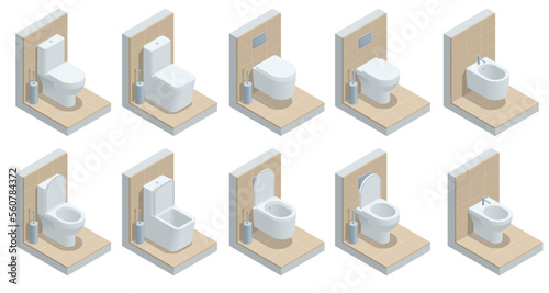 Isometric set icons of the Toilet bowl. Realistic white home toilet. Ceramic lavatory bowl with closed and open lid