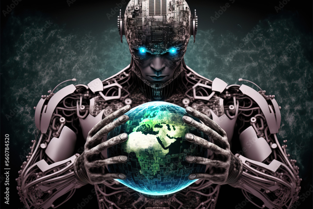 Robot holding Earth in gothic futurism style, symbolizing human ...