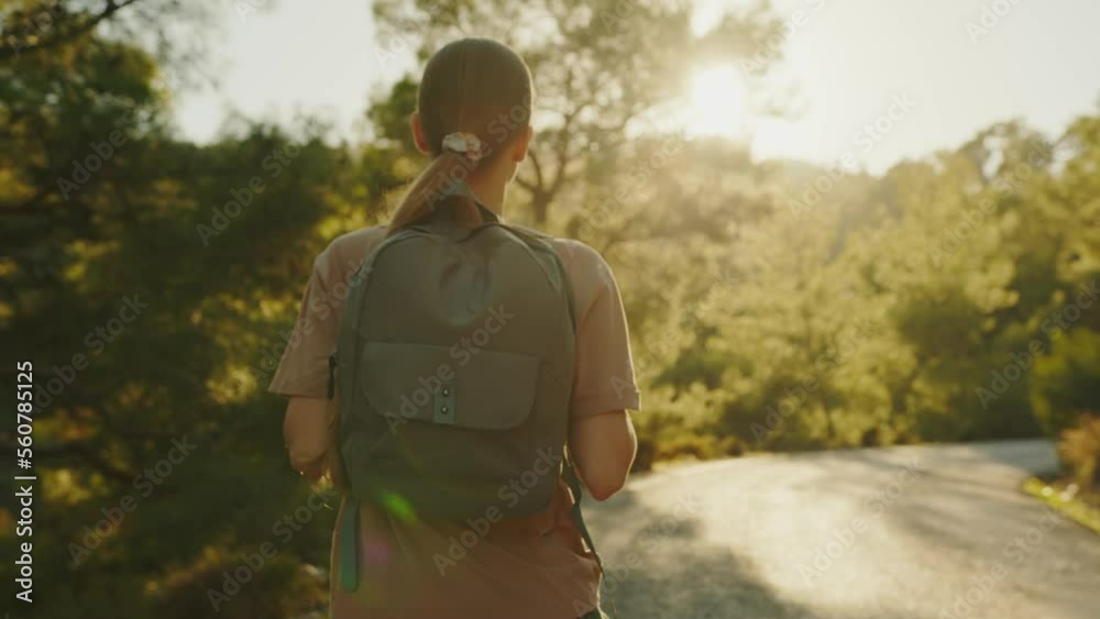 Tourist traveler is walking road in forest with backpack in rays of ...
