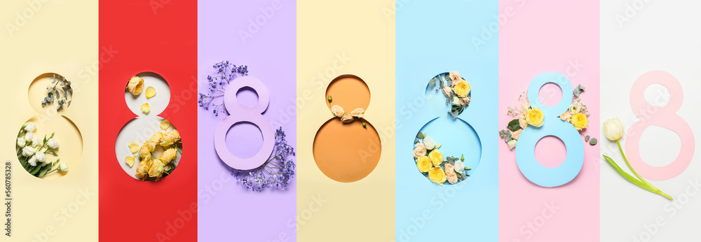 Collage with beautiful flowers and figure 8 for International Women's Day on colorful background Collage with beautiful flowers and figure 8 for International Women's Day on colorful background
