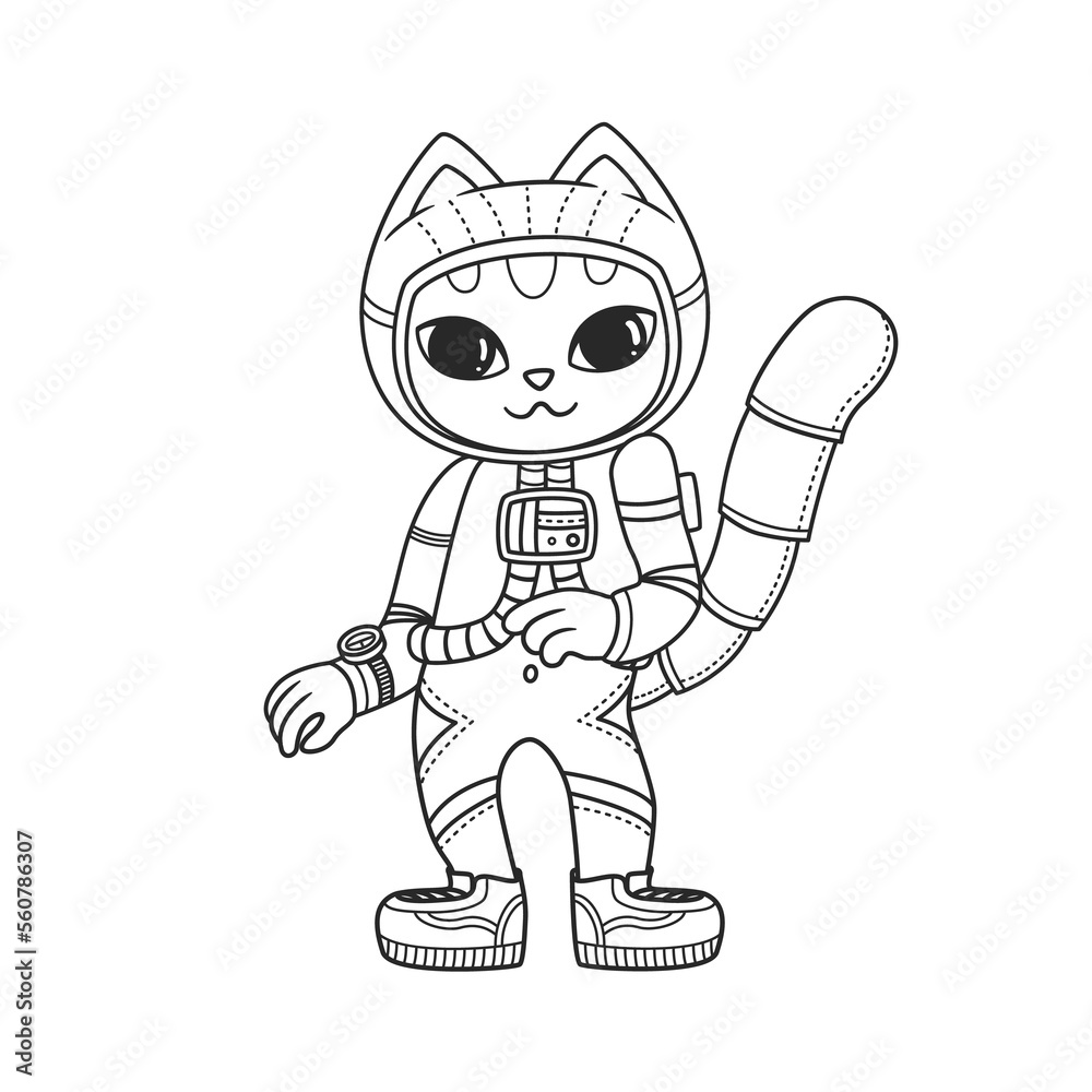 Cute dancing cat in a spacesuit. Astronaut kitten. Illustration on transparent background