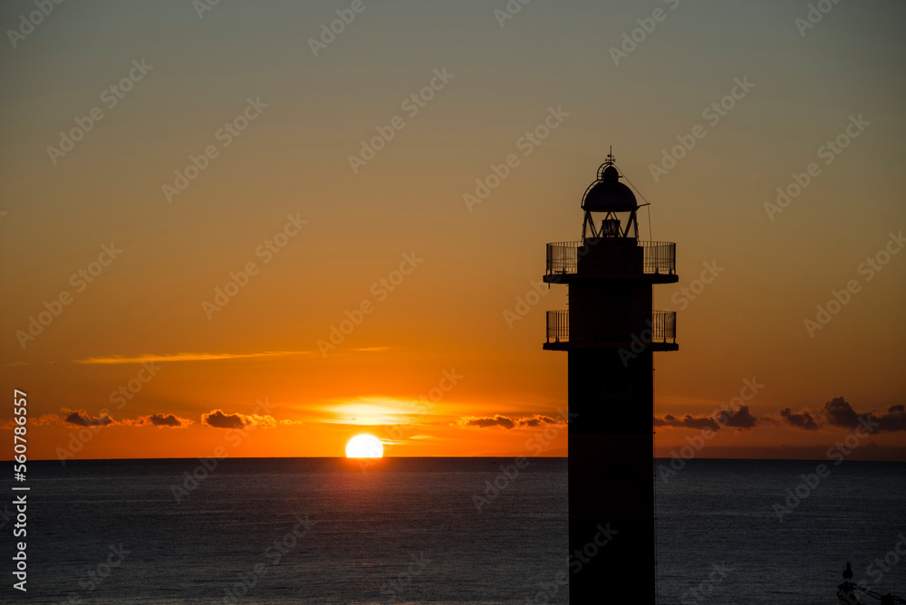 The Aguilas lighthouse at dawn with seagulls flying overhead The Aguilas lighthouse at dawn with seagulls flying overhead