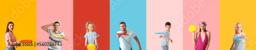 Fotografie Beautiful young woman playing frisbee on color background