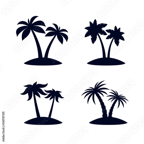 Set of Black African Rainforest Coconut Trees or Tropical Palm Trees on White. Simple Black Silhouette for Graphic  and Web design  or Travel Logo Design