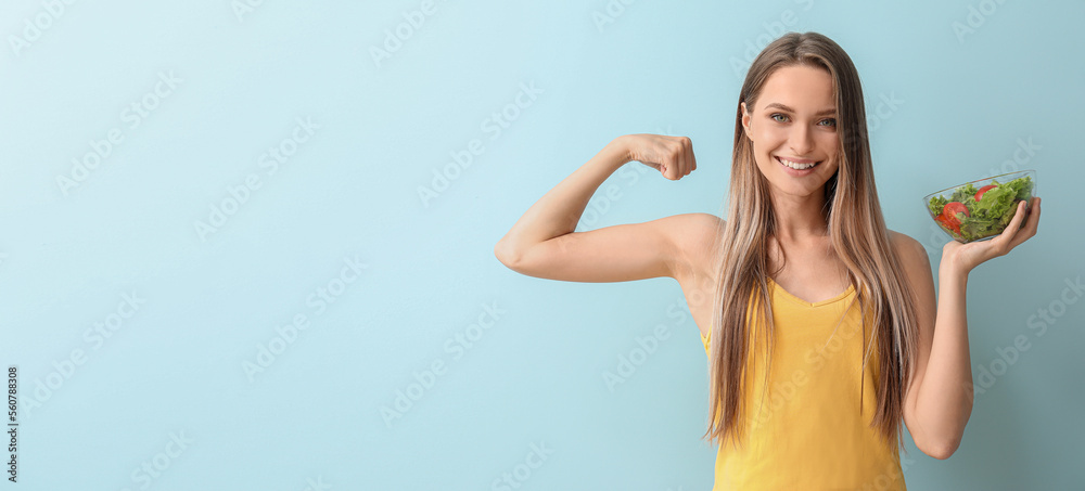 Healthy young woman with vegetable salad on light background with space for text. Diet concept - obrazy, fototapety, plakaty 
