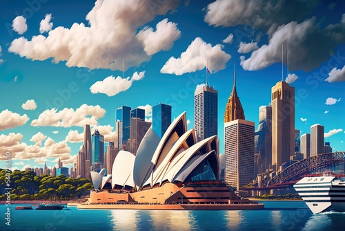 Australia's Sydney cityscape, with the opera house. Generative AI photo