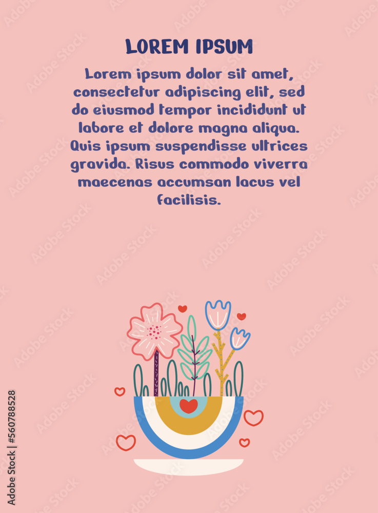 Postcard with text Happy Valentine's Day, invitations, declaration of love, cover, print. Rectangular template with flowers, rainbow, hearts. Vector illustration on a pink background. Postcard with text Happy Valentine's Day, invitations, declaration of love, cover, print. Rectangular template with flowers, rainbow, hearts. Vector illustration on a pink background.