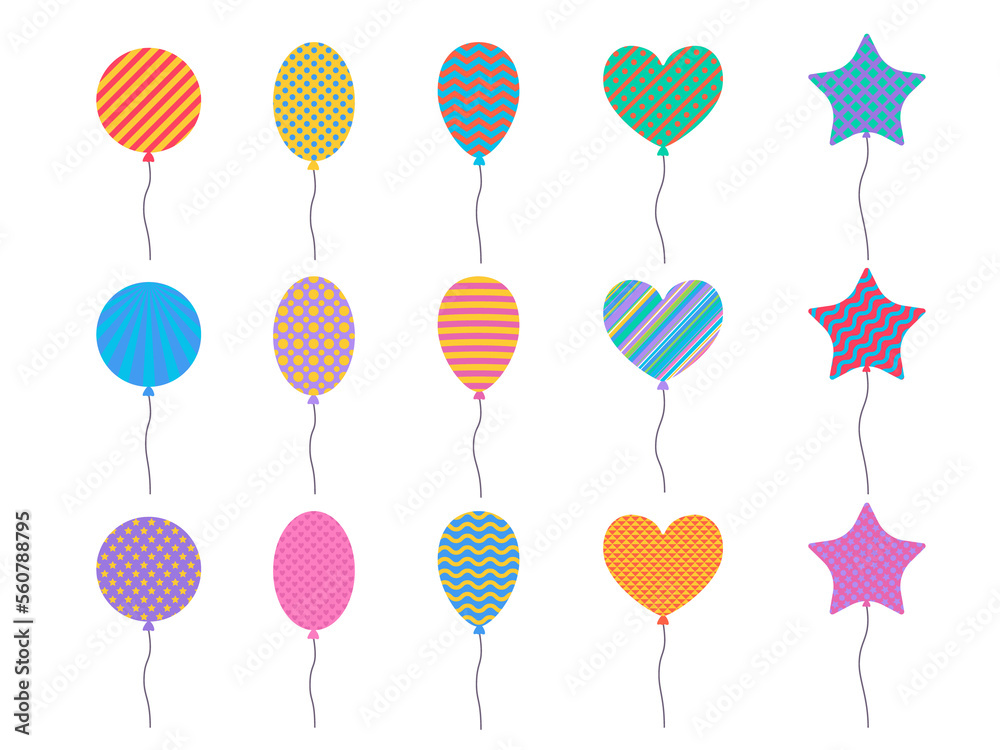 Collection of different shapes ballons with geometric patterns. Flat Illustration on transparent background