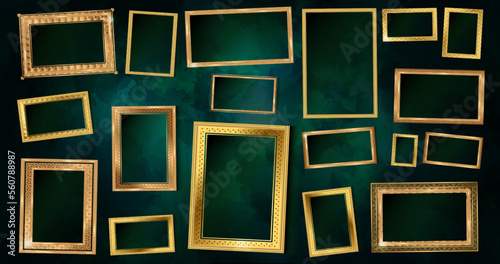 Empty painting or picture frame with golden engraved and carved Thai wooden borders. Set of decorative retro ornamental detailed picture frames. Old classic vector baroque golden frames collection.