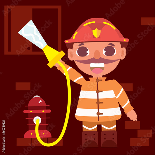 Happy firefighter cartoon character holding a hose Vector