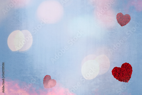 Hearts and lights on a light blue background
