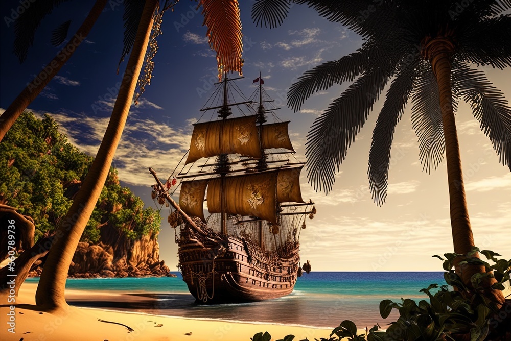 Fototapeta premium a pirate ship between palm trees on a tropical island. Generative AI
