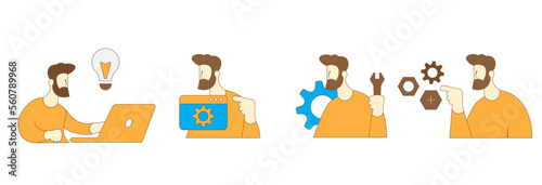 Set of 4 Design, Engineering concepts (solution, testing, troubleshooting, mechanics) clean flat vector illustration design. Version 1.