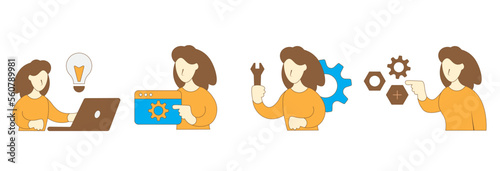 Set of 4 Design, Engineering concepts (solution, testing, troubleshooting, mechanics) clean flat vector illustration design. Version 2.