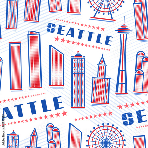 Vector Seattle Seamless Pattern, repeating background with illustration of red famous seattle city scape on white background for wrapping paper, decorative line art urban poster with blue text seattle