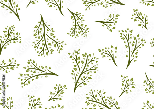 Seamless pattern of sprigs with green leaves. Decorative plants.