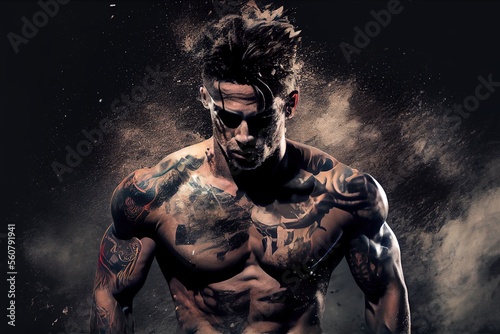 double exposure photo realistic illustration of well trained crossfit athlete man with a ripped masculine male body, generative ai © Felix