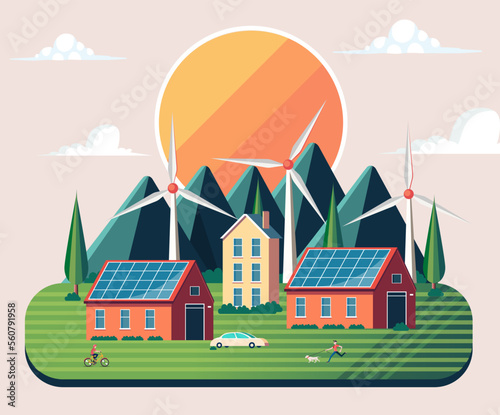 solar panels and wind turbines using green energy. artwork in a flat design. self-sustainable farm landscape using green energy. sustainability. sustainable technologies
