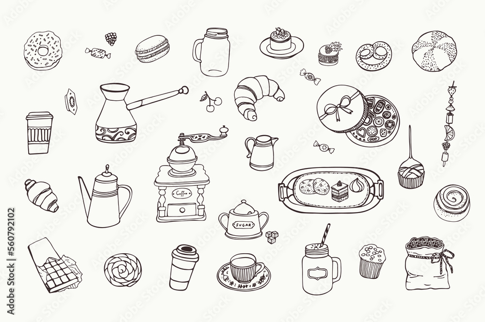 Coffee Breakfast cafe vector line illustrations set.