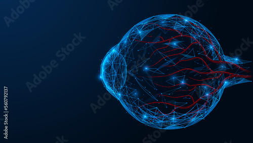 Structure of the human eye. Polygonal design of lines and dots. Blue background.