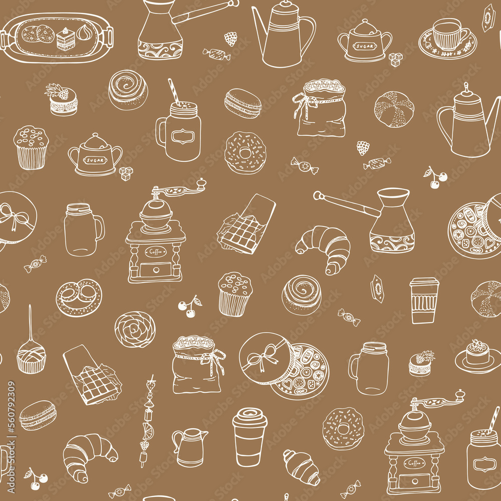Coffee Breakfast cafe vector seamless pattern.