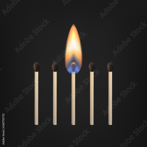 Lit match stick burning with fire flame. Collection of matches. Wooden match, hot and glowing red and yellow. Abstract realistic horizontal vector illustration. Match design. Fire safety.