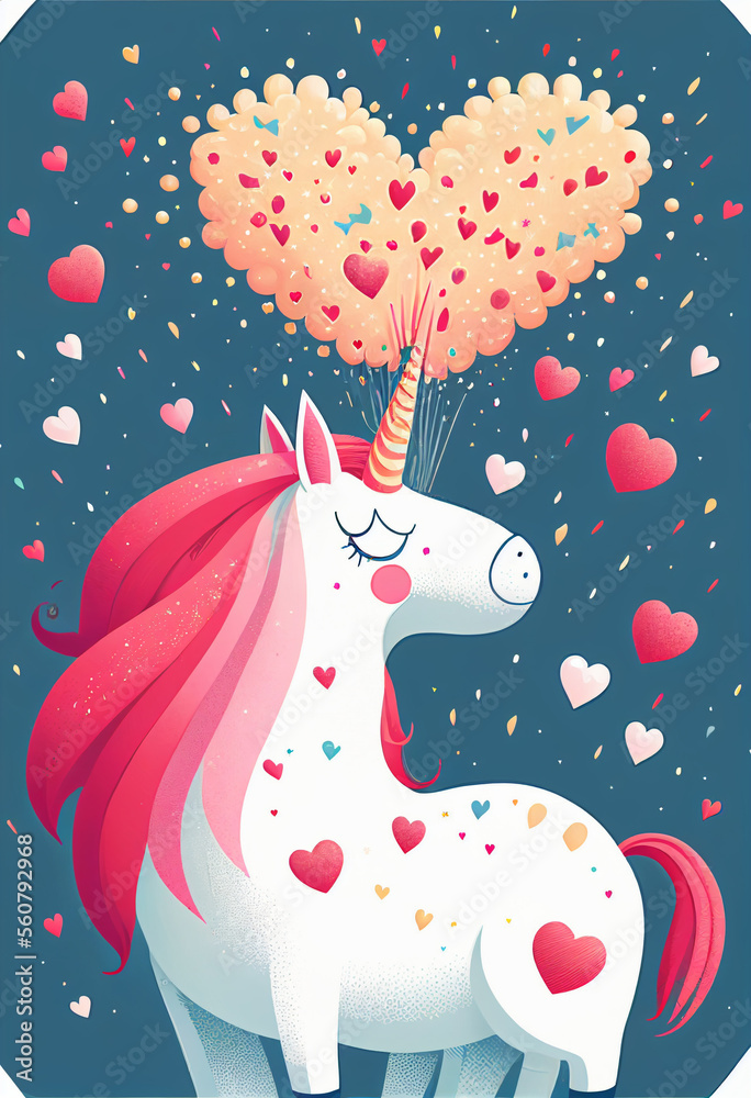 Obraz premium Happy unicorn in pink hearts. Valentine's Day. AI generated